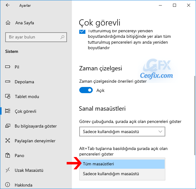 Windows 10 da Sanal Masaüstü Arasında Kısa Yol Geçisi