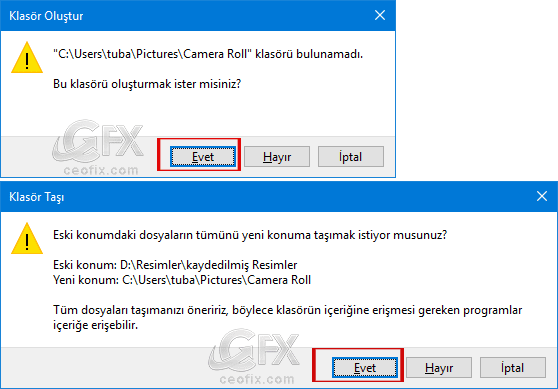 Film Rulosu ve Kaydedilmiş Resimler Klasörlerini Eski Konuma Al