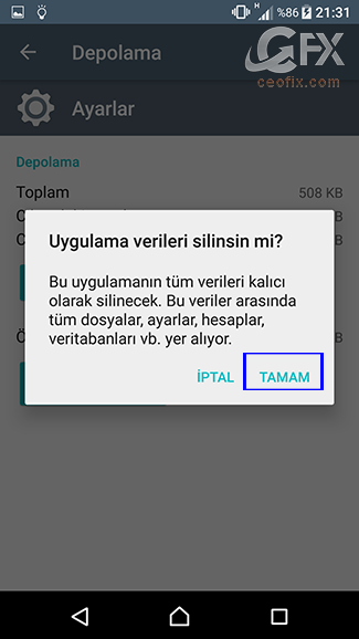 uygulama verileri silinsin mi