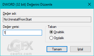 explorer NoUninstallFromStart değer verisi