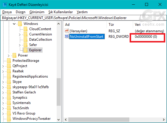 explorer NoUninstallFromStart