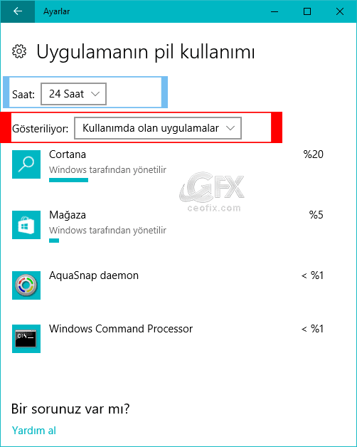 Windows 10 da Uygulamaların Pil Kullanımı