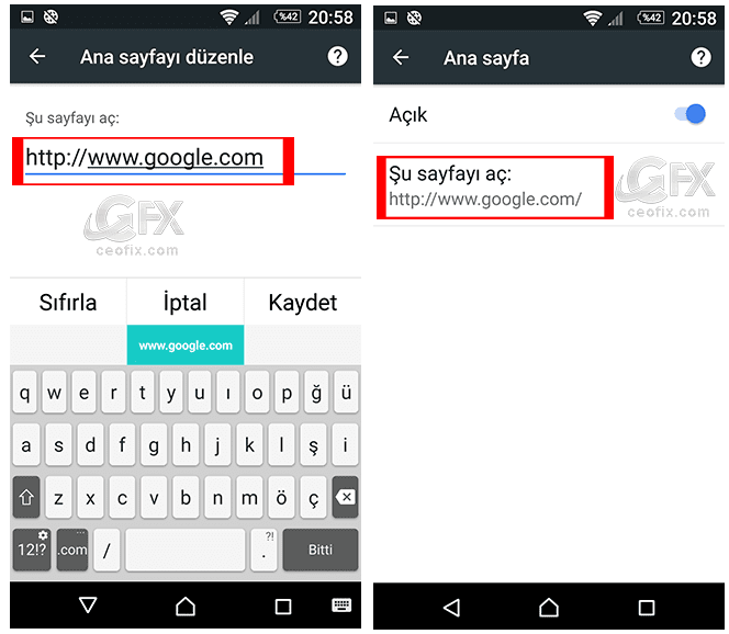 Android Telefonda Chrome Tarayıcıda Ana Sayfa Ayarı