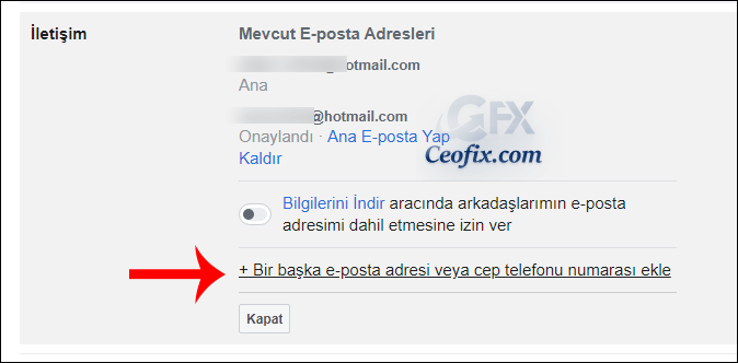 e-posta adresi veya cep telefonu numarası ekle
