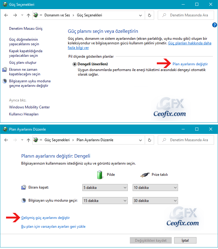 Güç planı - güç seçenekleri windows 10