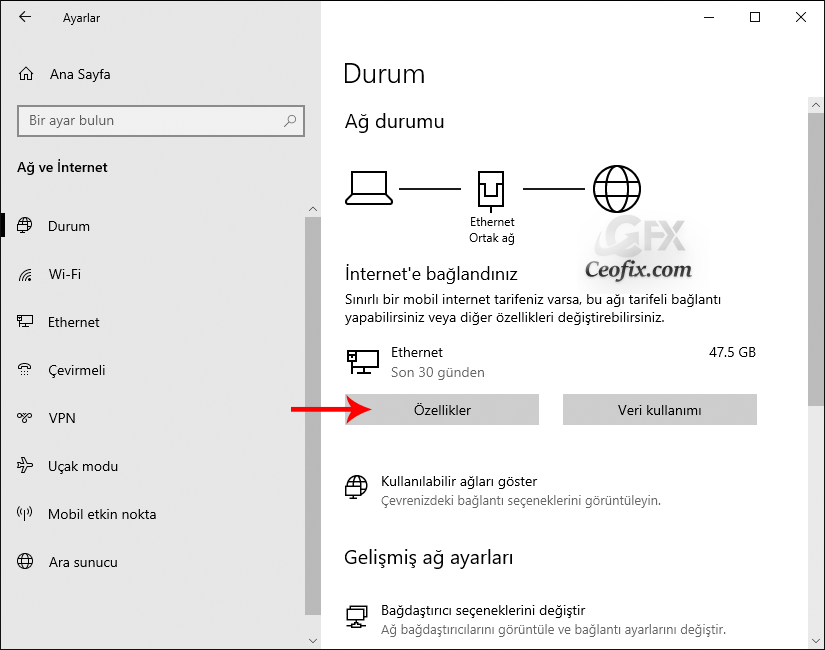 Windows 10 İnternet Ağını Özel Yada Ortak Ağ Olarak Ayarlarını yapılandır: