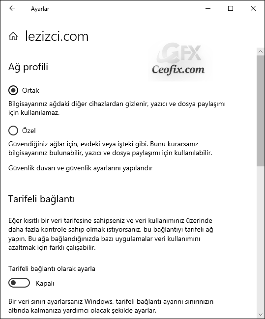 Windows 10 İnternet Ağını Özel Yada Ortak Ağ Olarak Ayarlarını yapılandır: