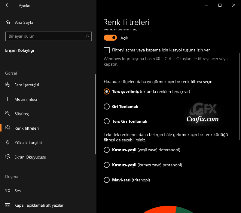 windows 10 renk filtreleri nerededir?
