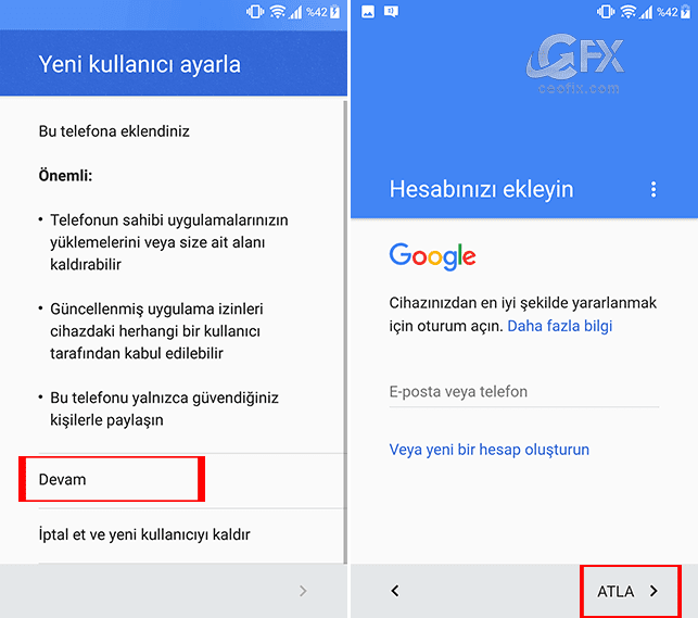 Android Yeni kullanıcı ayarla