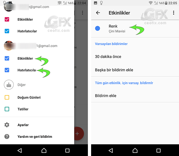 Android'de Takvim Etkinlikleri Ve Hatırlatıcı Renk Ayarları