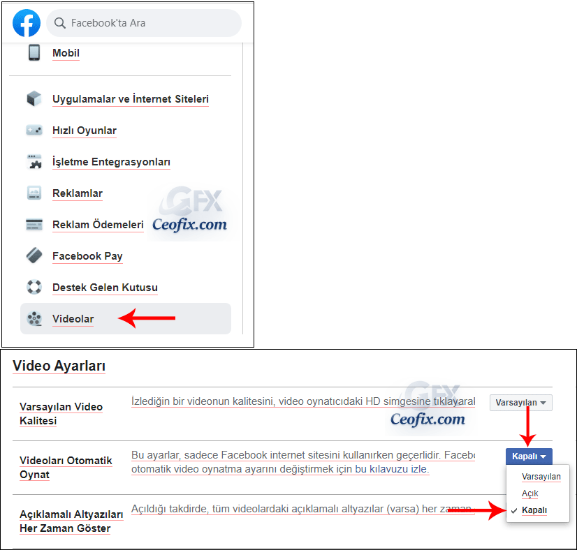 Facebook Otomatik Video Oynatmayı Engelle Yada Aktif Et