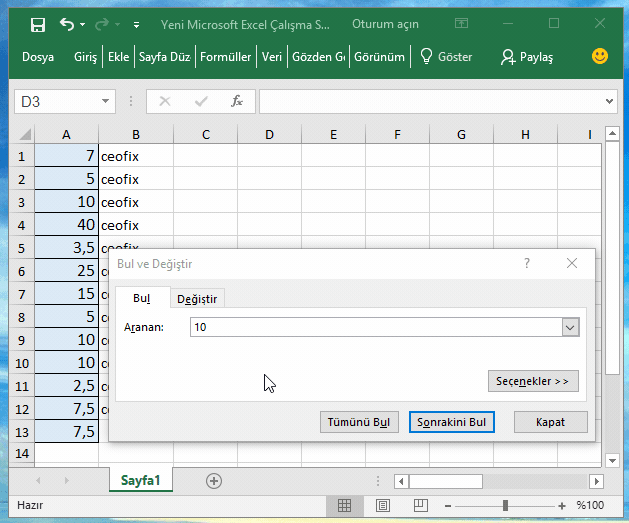 Microsoft Excel'de Bul ve Değiştir Nasıl kullanılır?