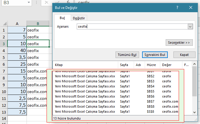  Excel'de Bul ve Değiştir Nasıl kullanılır?