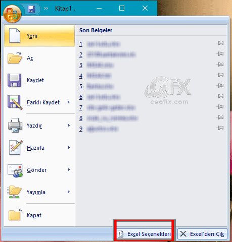 excel seçenekleri