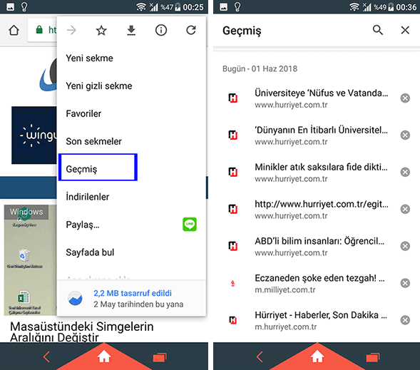 Android için google Chrome'da geçmişe nasıl bakılır?