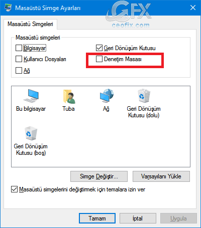 Masaüstü simge ayarları