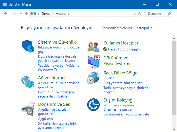 Windows'da Denetim Masası kategori