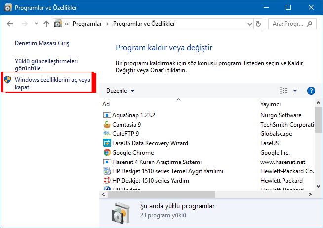 Windows Özelliklerini Tek Tık İle Aç