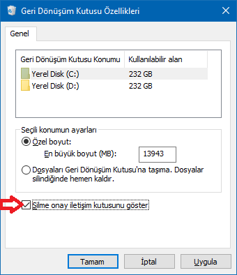 Windows 10'da Sil Onayı iletişimin penceresini etkinleştirme