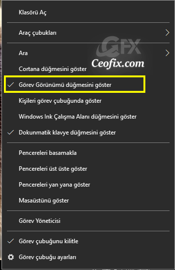 Windows 10 Görev görünümü simgesini görev çubuğunda göster