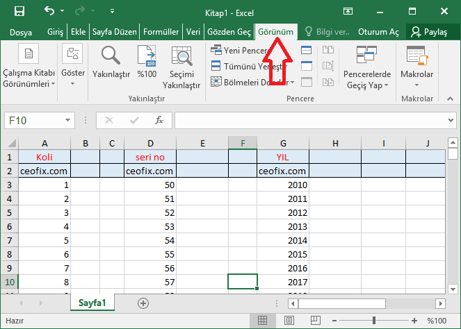 excel'de satır ve sütun sabitleme