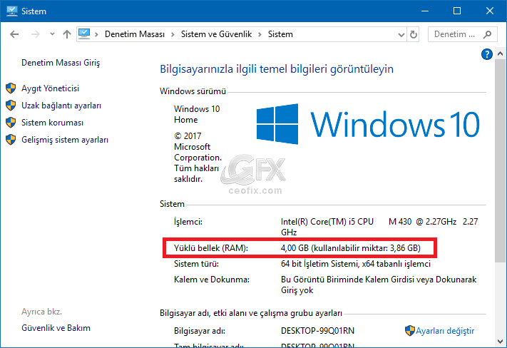 Ram miktarı denetim masasından nasıl öğrenilir?
