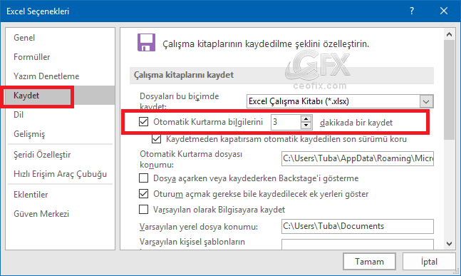 Excel Ve Word'de Otomatik Kaydetme Zaman Aralığını Değiştir-www.ceofix.com