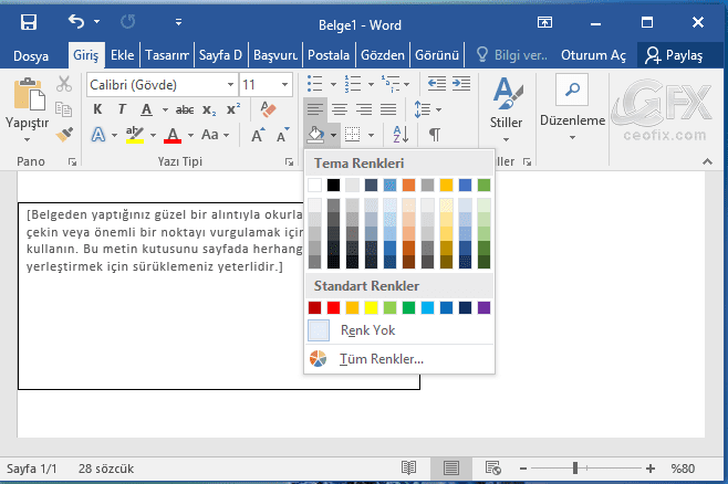 Word belgesinde çalışma sayfasının arka plan rengi nasıl değişir?www.ceofix.com
