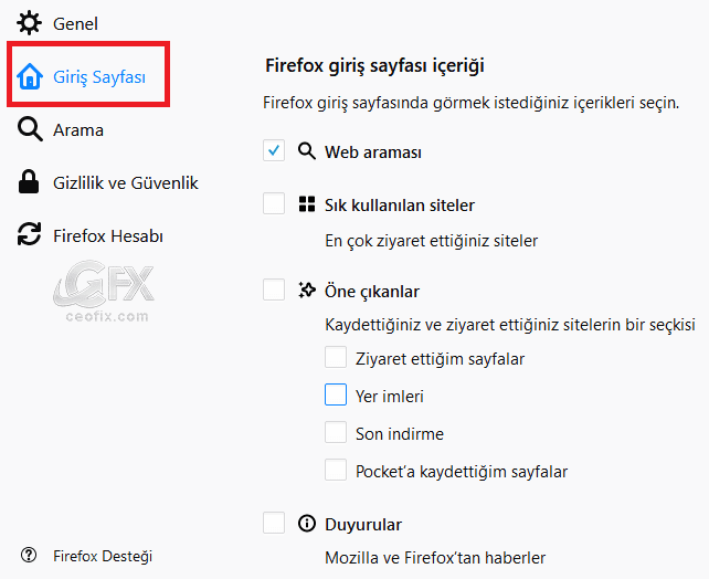 mozilla giriş sayfası ayarları 