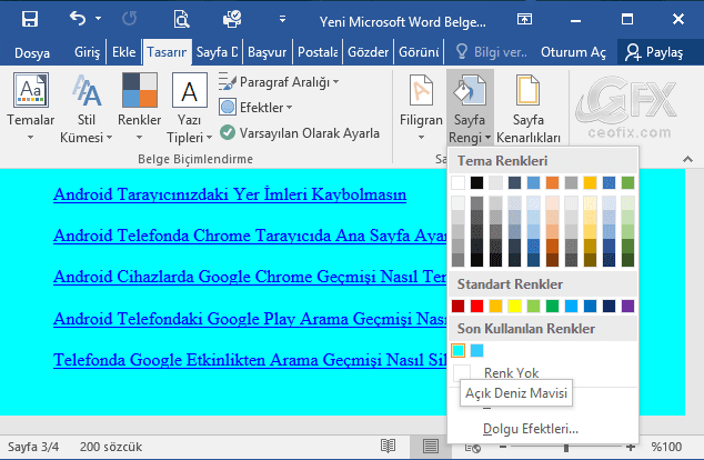 Word 2016 kullanıcıları için sayfa rengi değiştirme: