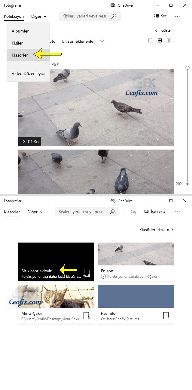 Windows 10 Fotoğraflar klasör eklemenin ikinci yolu: