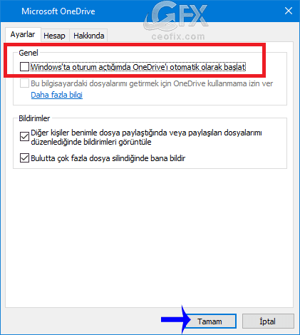 Windows'ta oturum açtığımda OneDrive'ı otomatik olarak başlat 