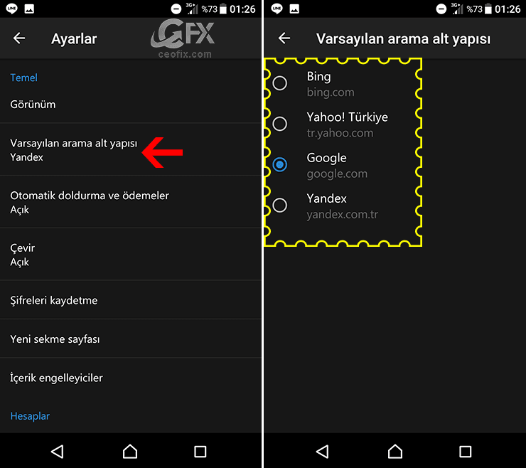 Varsayılan arama motorunu değiştir