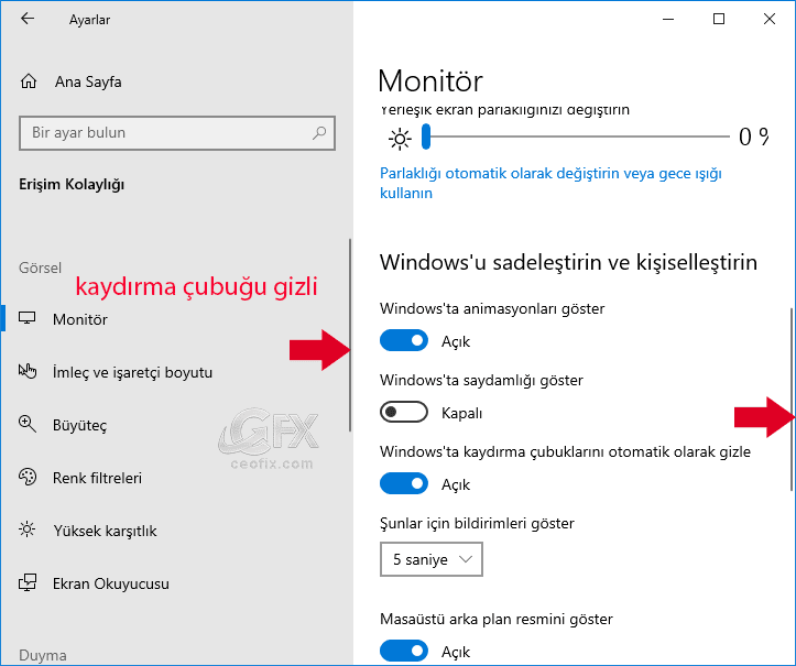 Windows'da Kaydırma Çubuklarını Otomatik Olarak Gizle