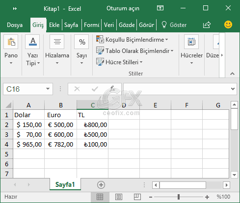 aynı Excel sayfasında farklı para birimi sembolleri