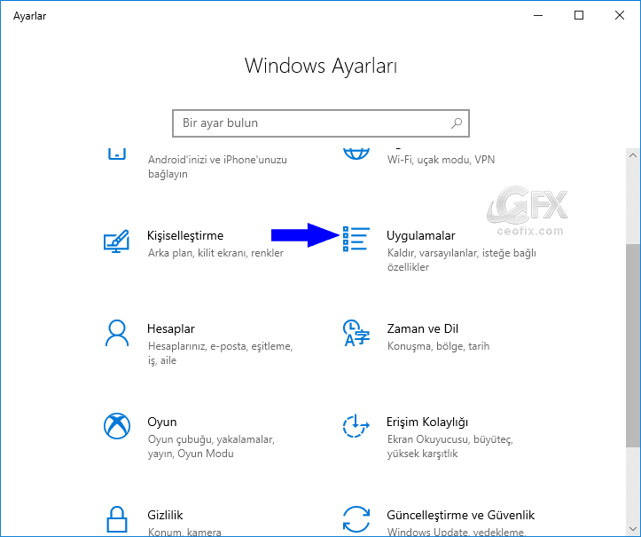 Windows 10'da ayarlar arayüzünden programları kaldırma: 