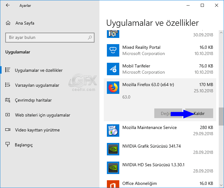 Windows 10'da ayarlar arayüzünden programları kaldırma: 