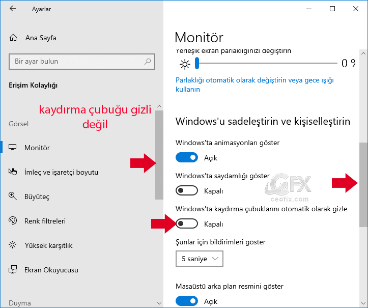 Windows 10'da Kaydırma çubuğu Nasıl Görünür yapılır?