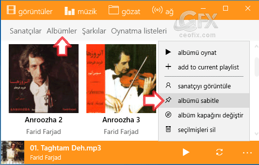 Başlat menüsüne albümü sabitle