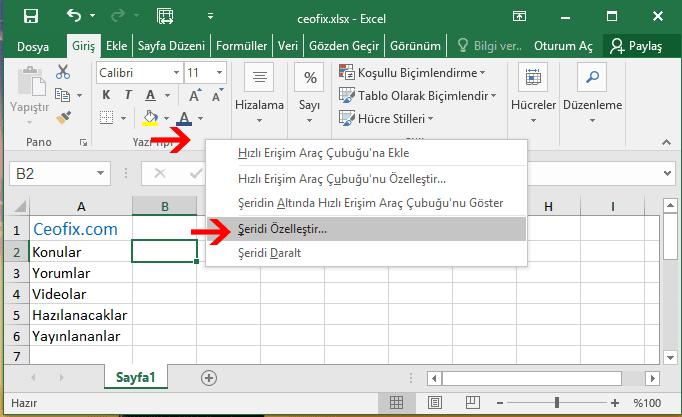 Excel şeridi özelleştir