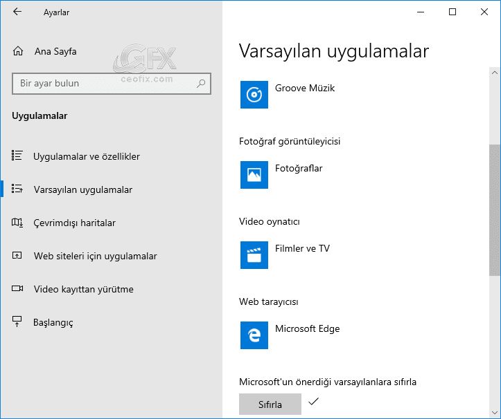 Uygulamaları Microsoft'un varsayılanına sıfırlama