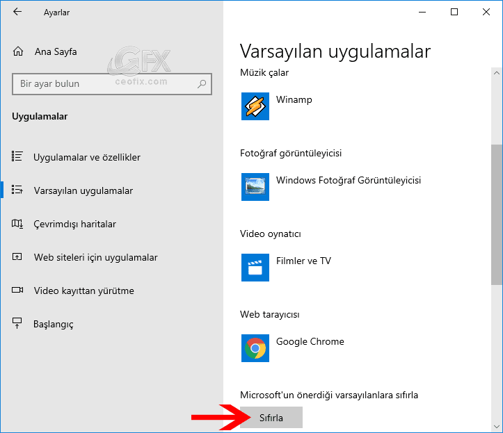 Uygulamaları Microsoft'un varsayılanına sıfırlama
