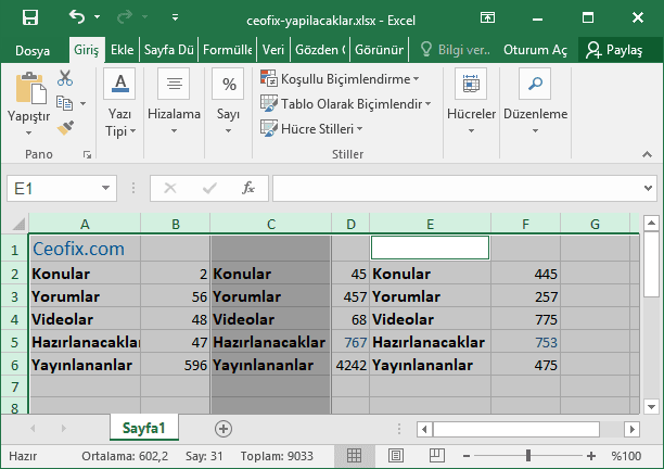 Excel'de Sütunları ve Satırları Gizle