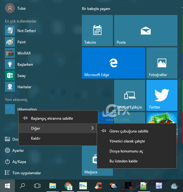 Hibernation'ı Başlat Menüsüne yada görev çubuğuna Kısayol Olarak Atayın