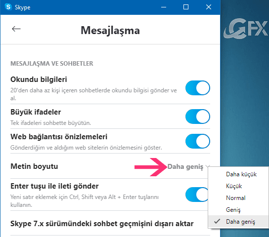 skype metin boyutu