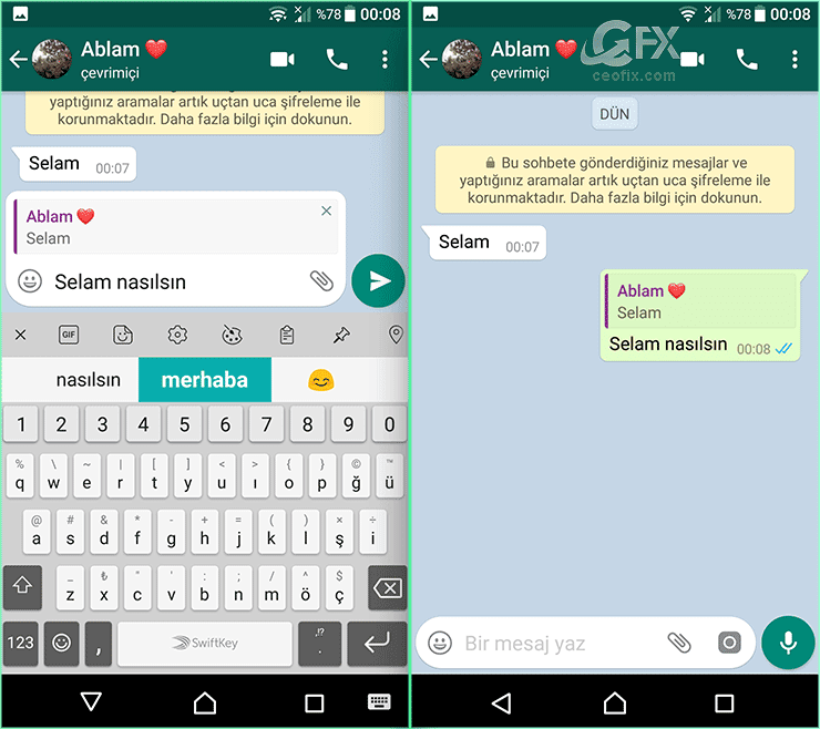 Whatsapp Kaydır yanıtla