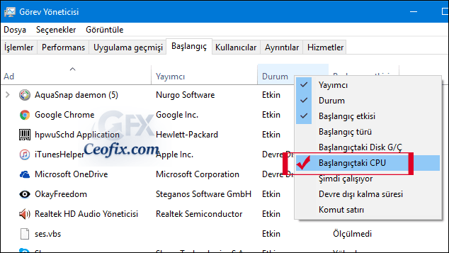 Başlangıçtaki CPU