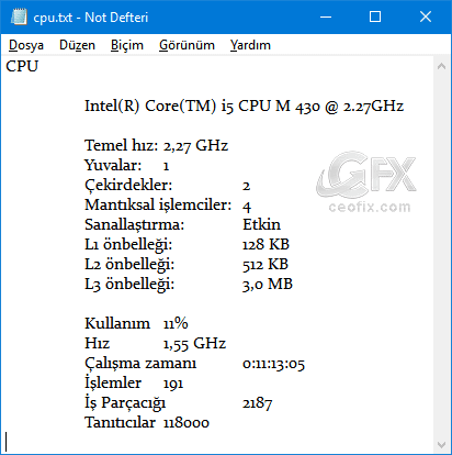 görev yöneticisi Performans sekmesi cpu bilgileri 