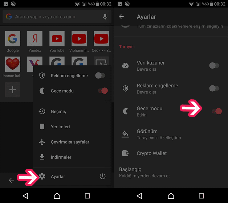 Android Opera Tarayıcısında Gece Modu Nasıl Aktif edilir?