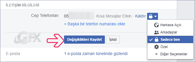 Facebook'a kayıtlı telefon numarasının görünürlüğünü değiştirme 